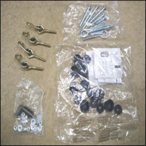 Hardware Pack: Bolt (M-2). Eyebolt (I). Rivet (J-2). Bolt (C). Eyebolt (N). Bolt (P). Washer (R-6). Nut (F-11). Washer (D-11). Pivot Bolt (H-4) and Blue Bolt Covers (9)