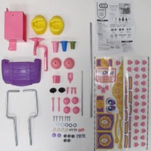 Decal Sheet. Rear Axle (V). Wireform Left & Right (L-R). Small Axle. Axle Cap tool. Tophat Tool. Small Capnut Tool. Trunk (C). Hoof-2 (G).Clip Clop Box (M). Clip Clop Arm (N). Clip Clop Cups(O). Clip Clp Gear (W). Center Cap Pink-4 (Z). Door Latch (E).Sma