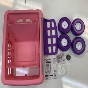 Hardware Pack: Small Capnut Tool (K). Basket Top (A). Basket Bottom (B). Seat Basket (F). Axle (G). Purple Wheel Front (I). White Wheel Back (M). 1 inch Screw (E). Bolt Cover White (L). 3/4 inch Screw (C). 1/4 inch Capnut (H). 1/4 inch Wahser (J) and Inst