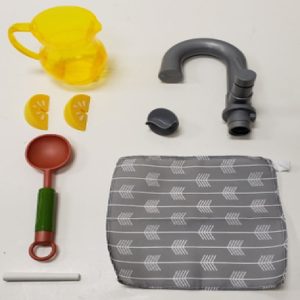 Hardware Pack: Pitcher. Faucet. Faucet Fastener. Spoon. Towel. Lemon Halves. Chalk