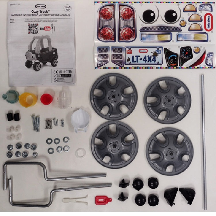 Hardware Pack: All Screws. Washer. Gas Cap Lid. Center Cap. Latch Red. Rear Axle Bushing.3/8 Top Hat. Top Hat Tool. Front Bushings. Rear Axle. Right/Left Wireform .Horn Assembly. O-Ring. Retaining clip. R/L Top Hat Coner. Decal Sheet